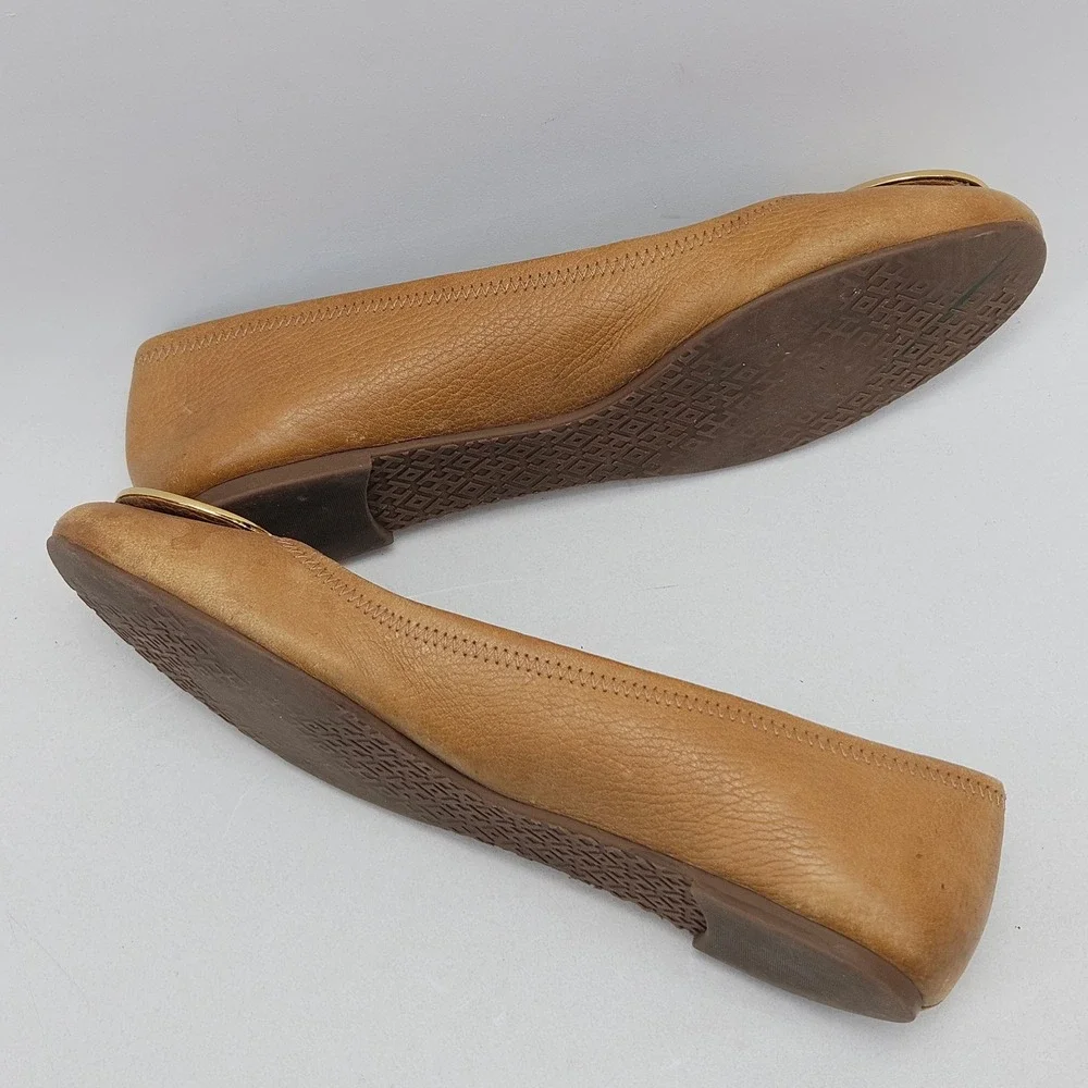 Tory Burch Tan Leather Reva Ballet Flats with Gold Logo